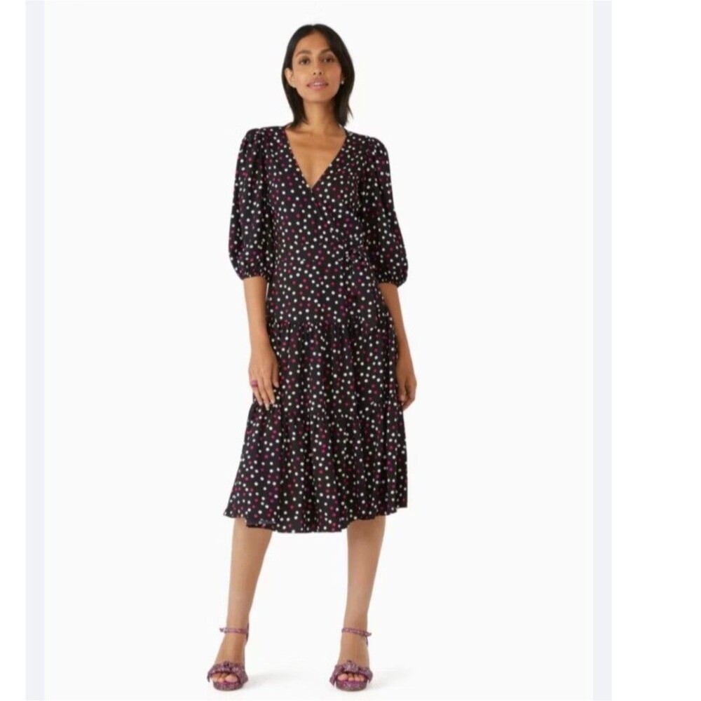 Kate Spade Glimmer Dot Wrap Dress Sz S Black Pink Polka Dot Midi NWOT MSRP $399